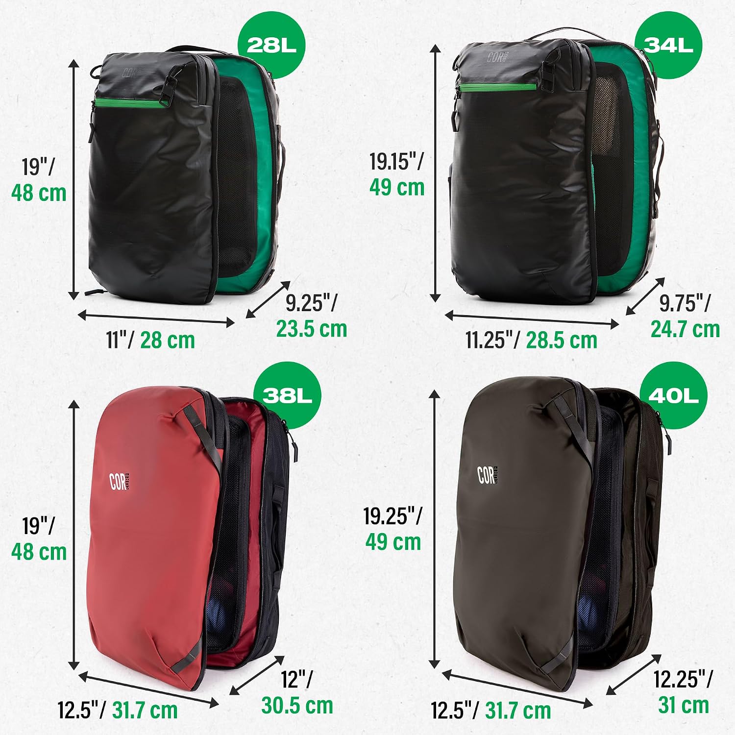 COR Surf Travel Backpack Carry On Backpack for Airplanes - Island Hopper 2.0 - Travel Backpack with Clamshell Design -Black with Green Zipper