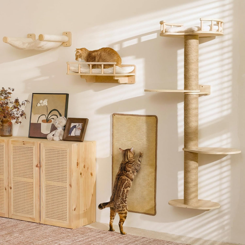 FUKUMARU Cat Wall Shelves, 4 in 1 Stable Wooden Wall-Mounted Furniture Set, Climbing Tree with Hammock, Bed, Perch and Scratching Mat (Beige)