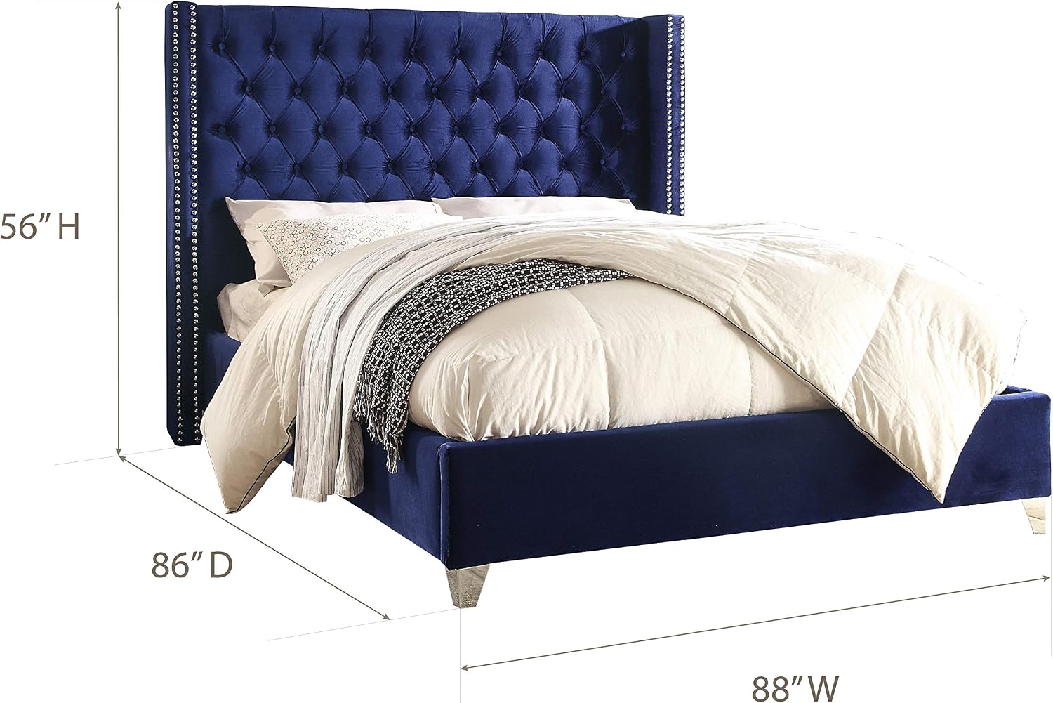 Meridian Furniture Aiden Collection AidenNavy-K Modern | Contemporary Velvet Upholstered Bed with Deep Button Tufting, Solid Wood Frame, and Custom Chrome Legs, King, Navy, 88' W x 86' D x 56' H