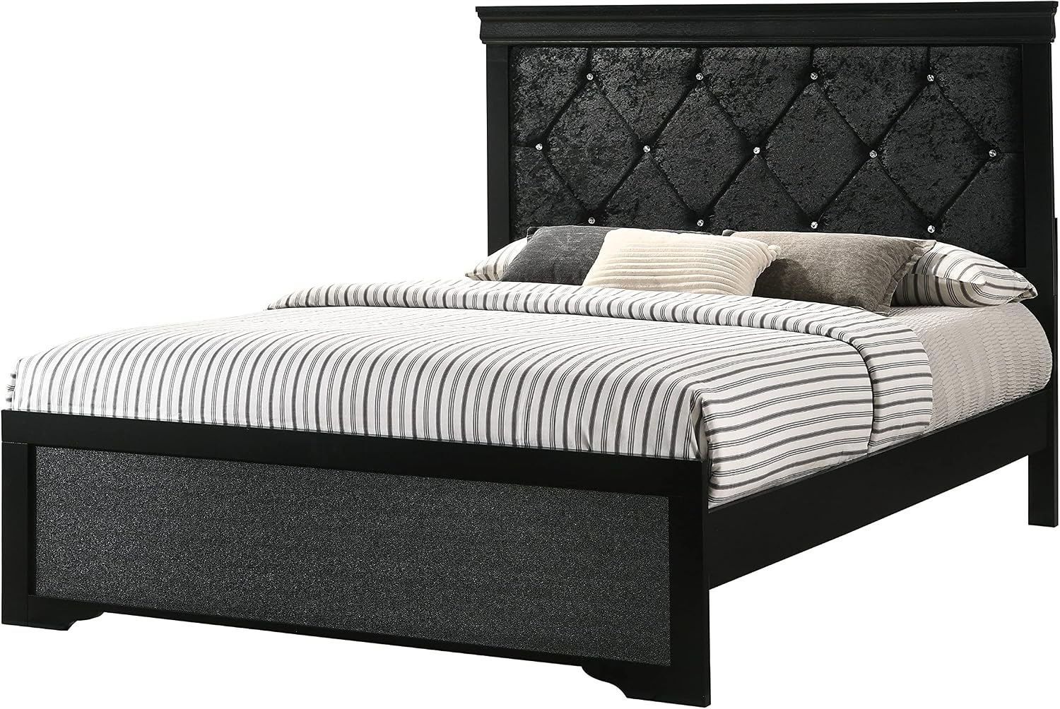 3Pc Black Finish Full Size Panel Upholstered Button Tufted Headboard Bed Nightstand Set Wooden Bedroom Furniture