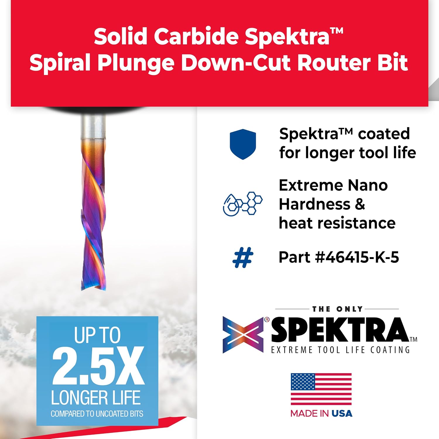 Amana Tool 46415-K-5, 5-Pack SC Spektra Extreme Tool Life Coated Spiral Plunge 1/4 Dia x 1 CH x 1/4 SHK 2-1/2 Inch Long Down-Cut Router Bits