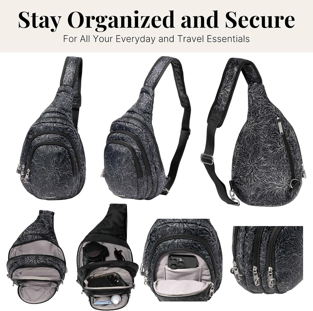 Baggallini Securtex® Anti-Theft Multi Zip Sling - Lightweight 8.6'x15.2' Travel Bag with Locking Zippers & RFID Protection