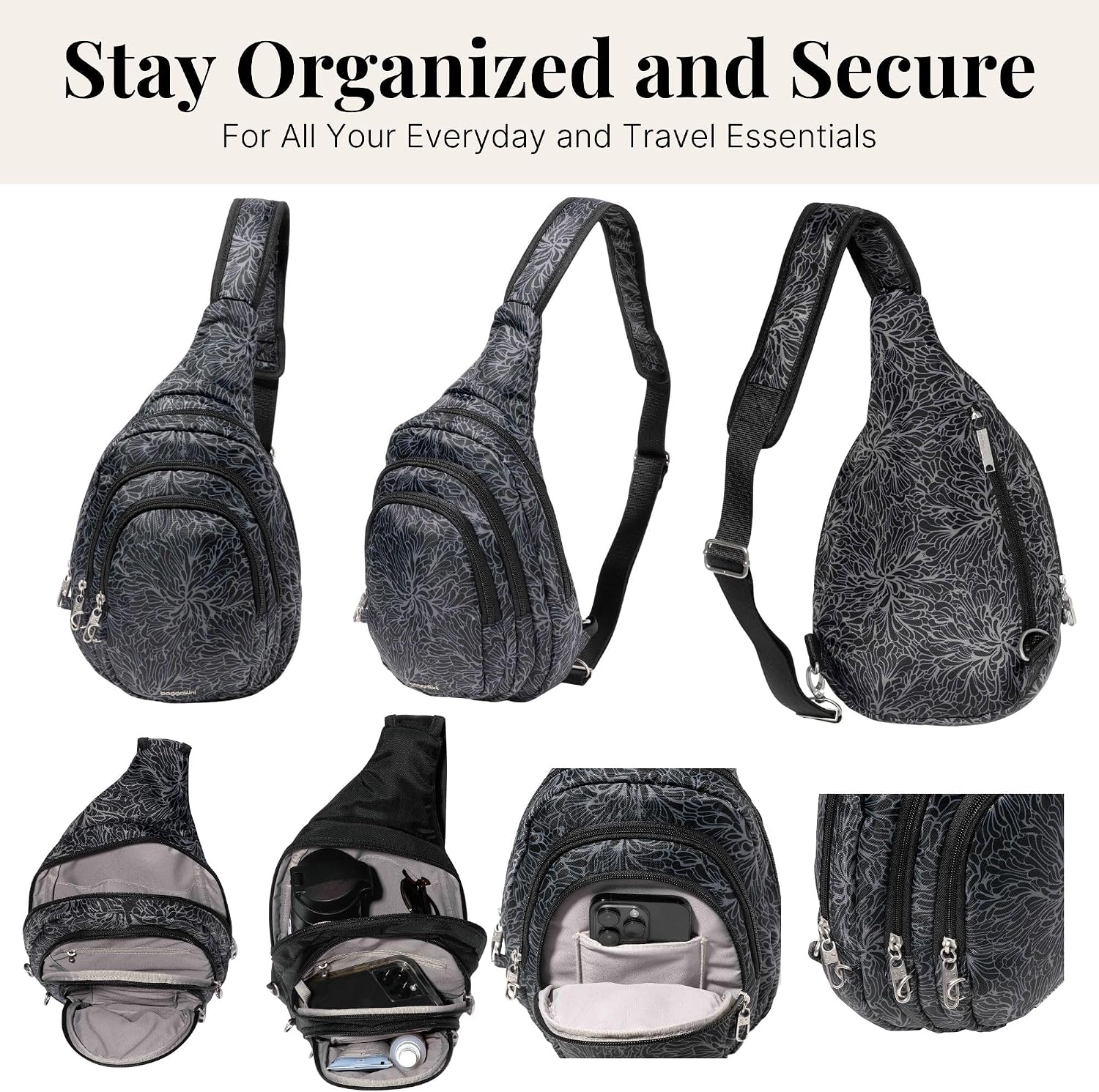 Baggallini Securtex® Anti-Theft Multi Zip Sling - Lightweight 8.6'x15.2' Travel Bag with Locking Zippers & RFID Protection