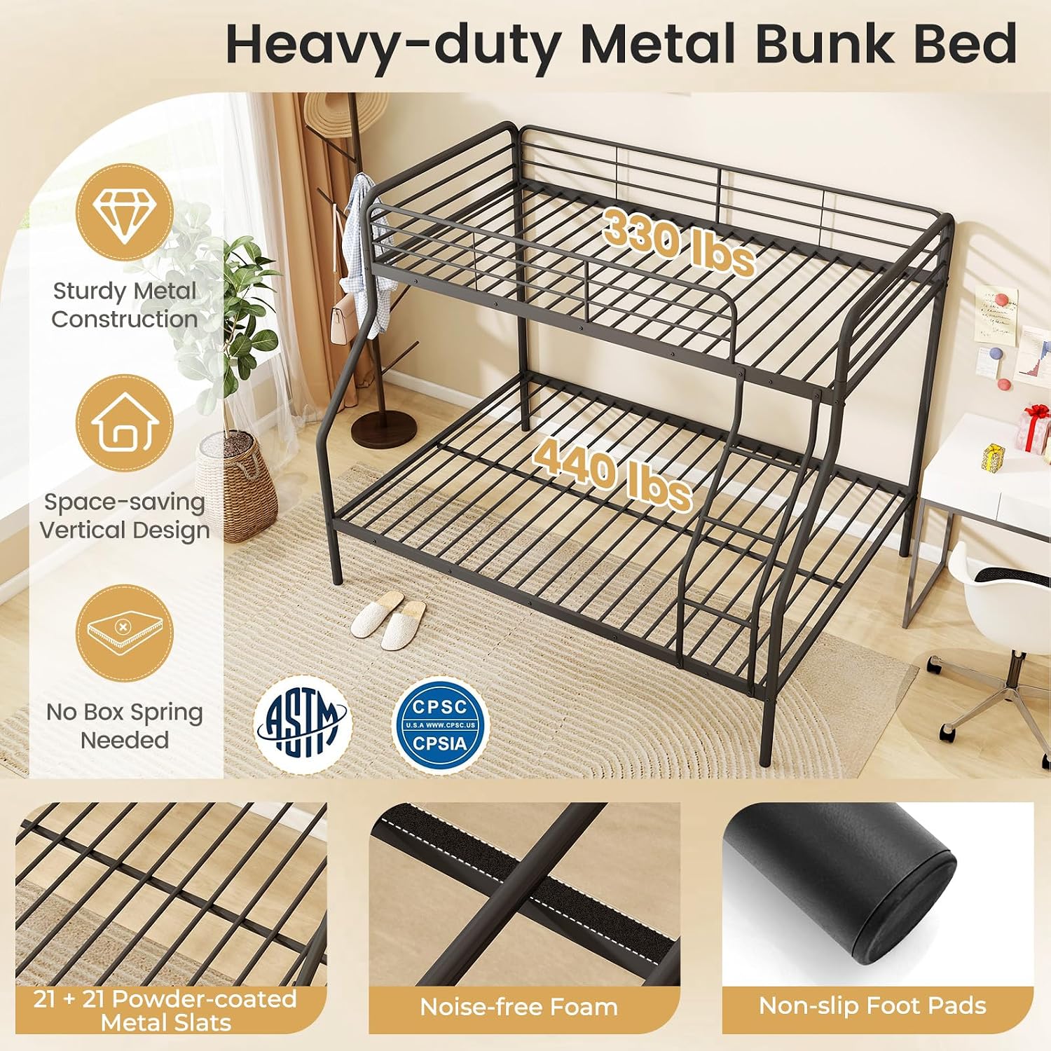 Giantex Metal Bunk Beds Twin Over Full Size, Heavy Duty Bunk Bed for Teens Adults with Ladder & Guardrails, Space Saving Metal Bunk Bed for Dorm, Bedroom, Apartment, No Box Spring Needed (Black)