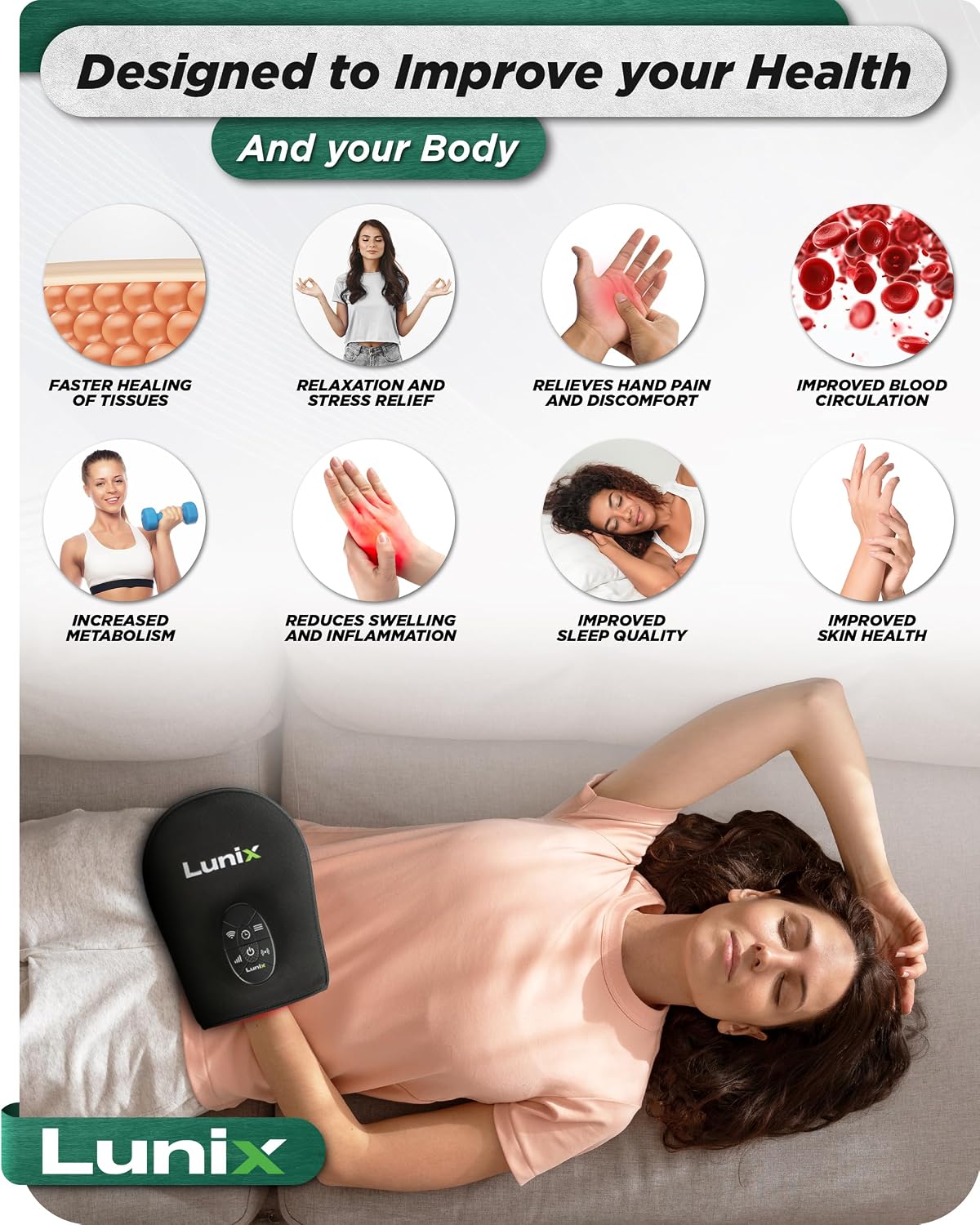 Lunix LX23 Red Light Therapy for Hand, 50 Triple Chips LED 850 and 660nm, Infrared Therapy for Circulation & Joint Support with Vibration, Portable, Rechargeable, Adjustable Intensity