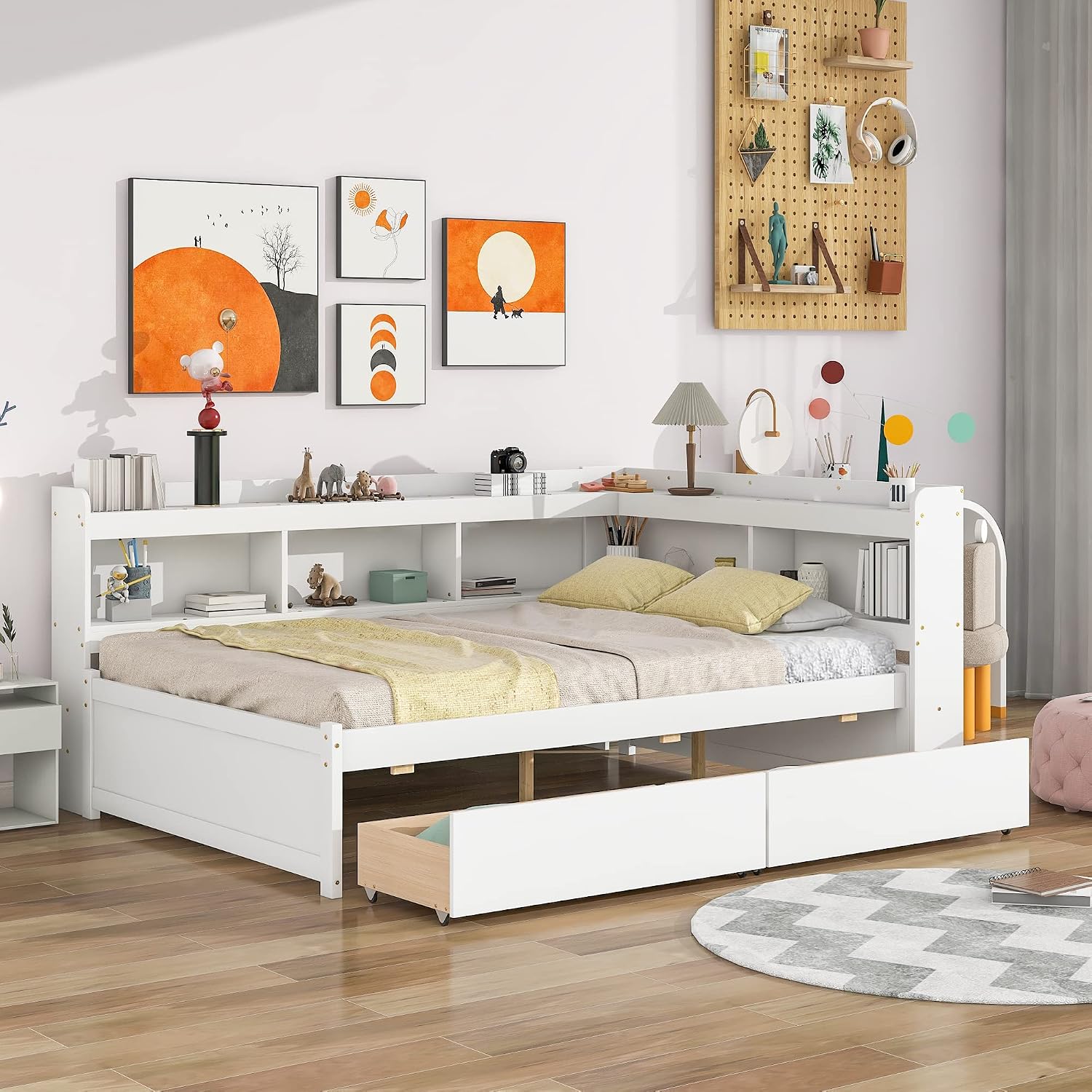 Full Size Platform Bed with L-Shaped Storage Shelfs and Bookcases, Pine Wood Day Bed with 2 Storage Drawers for Office/Living Room/Bedroom, Maximize Space (White)