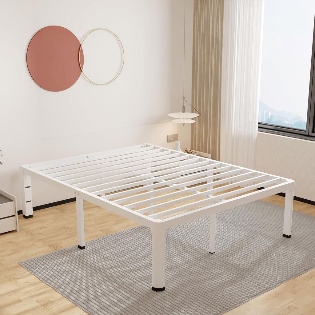ROIL 18 Inch White Full Size Bed Frame with Rounded Corner and Headboard Hole Mattress Retainers 3500LBS Heavy Duty Steel Slats No Box Spring Needed Platform Noise-Free Easy Assembly
