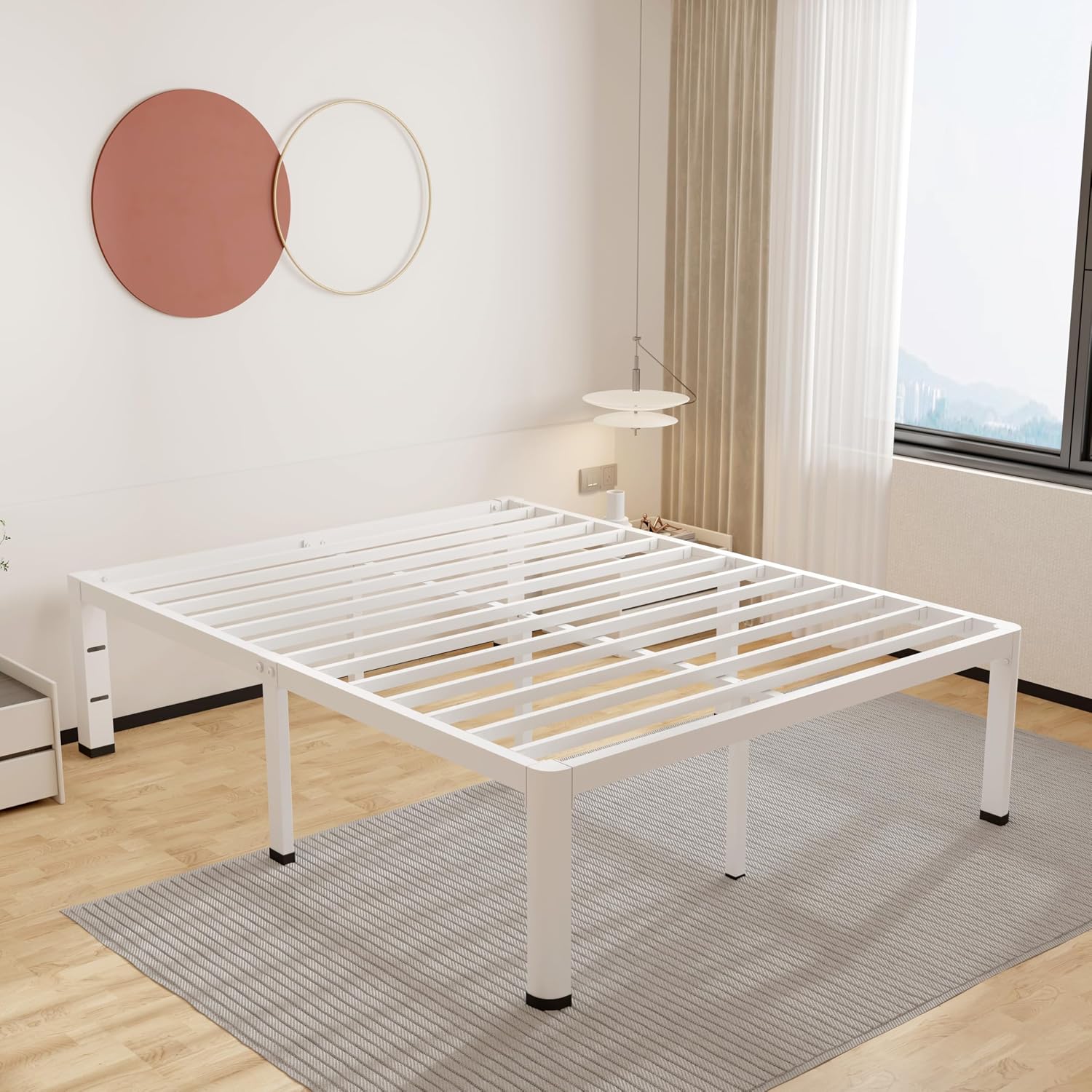 ROIL 18 Inch White Full Size Bed Frame with Rounded Corner and Headboard Hole Mattress Retainers 3500LBS Heavy Duty Steel Slats No Box Spring Needed Platform Noise-Free Easy Assembly