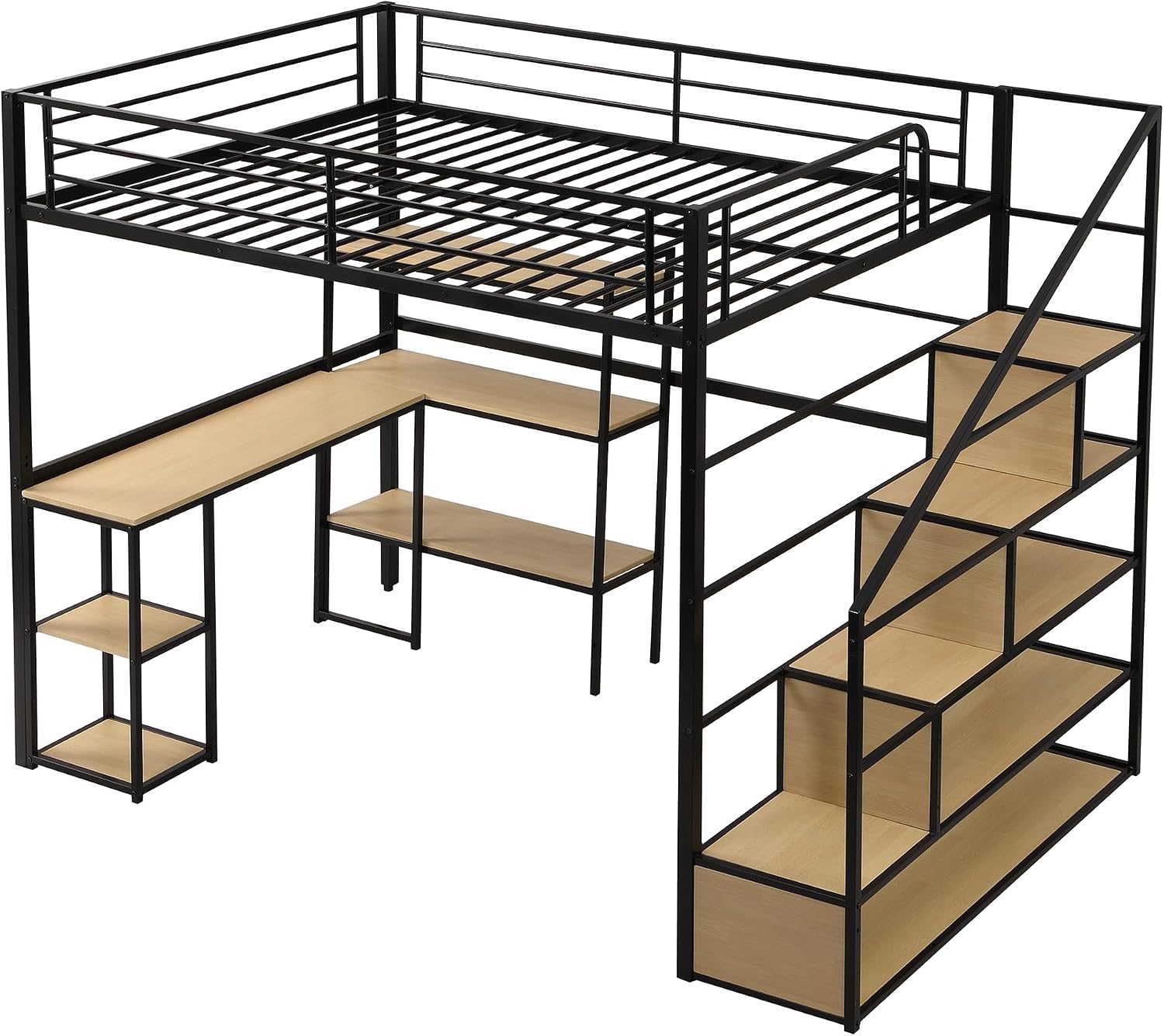 JIVOIT Metal Loft Bed with Storage Staircase, Full Size Loft Bed with Built-in Desk and 3-Tier Storage Shelves, Space-Saving 3 in 1 Design Metal Loft Bed with Guardrails, No Box Spring Needed