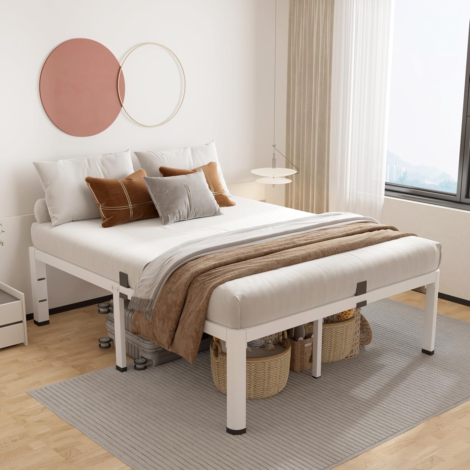 ROIL 18 Inch White Full Size Bed Frame with Rounded Corner and Headboard Hole Mattress Retainers 3500LBS Heavy Duty Steel Slats No Box Spring Needed Platform Noise-Free Easy Assembly