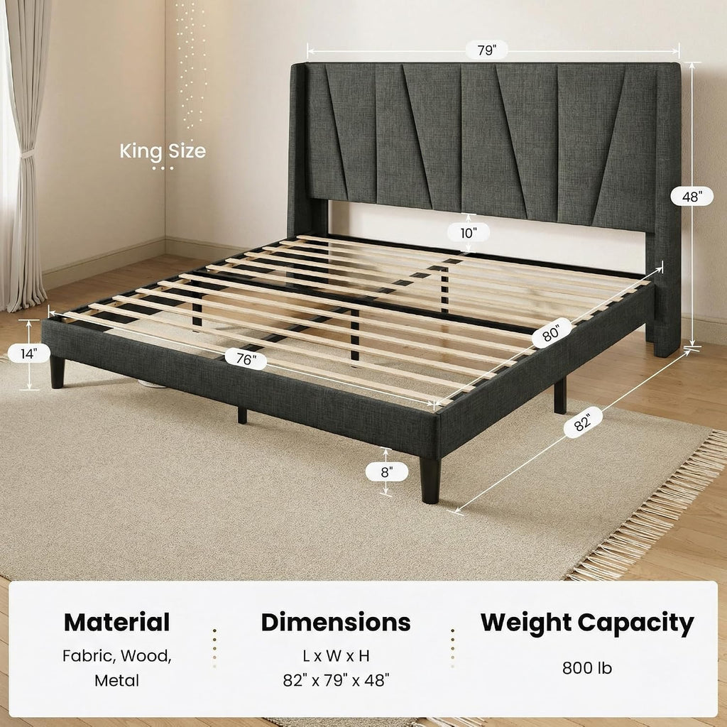 SHA CERLIN King Size Bed Frame with Geometric Wingback Headboard, Upholstered Platform Bed with, 8' Under-Bed Space, No Box Spring Needed, Easy Assembly, Grey