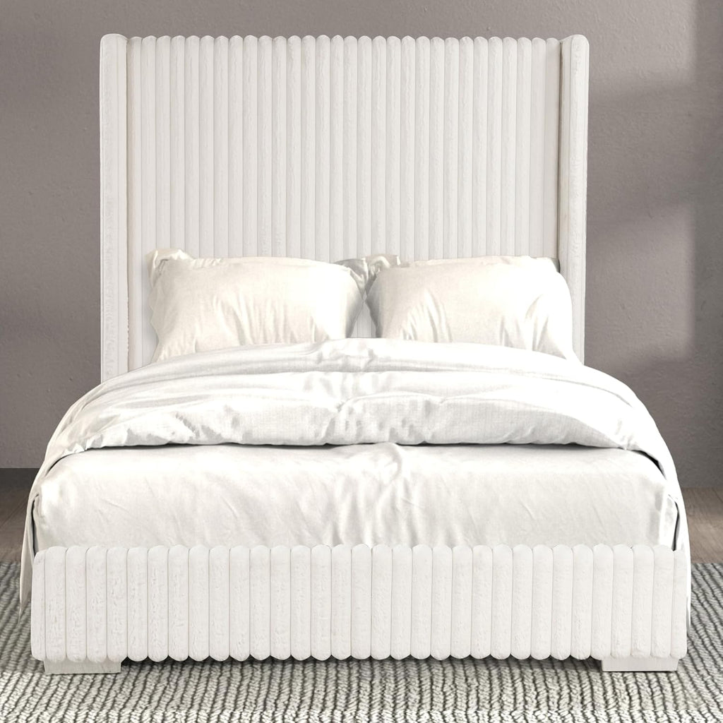 Furniture of America Plutforn Modern Wood 59-inch Full Platform Bed with Fur Chenille Fabric, No Box Spring Required for Bedroom, Guest Room, White