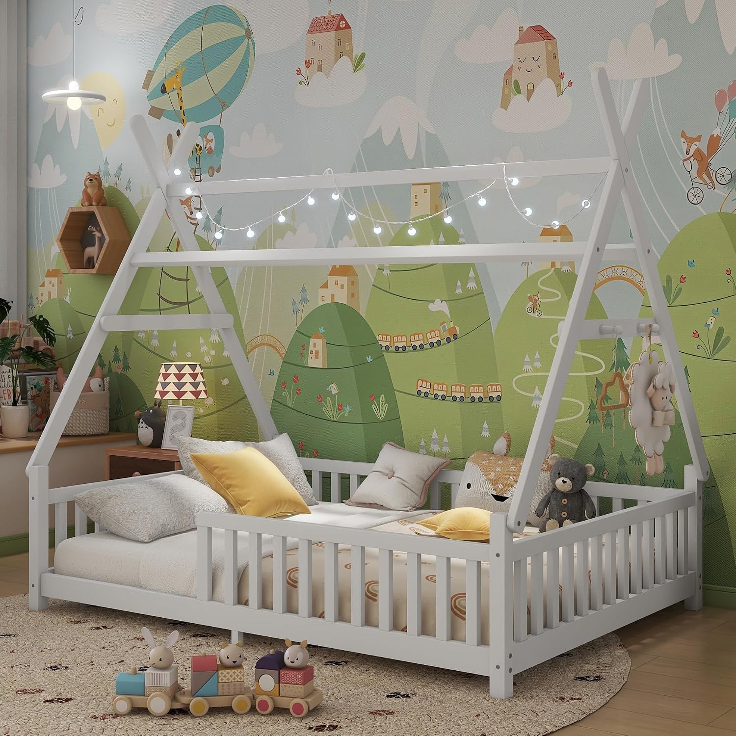 Full Montessori Kids Floor Bed with Rails and LED Light, Low Full Beds Frame with Fence and Removable Roof, Wood Montessori Floor Bed Frame for Kids, Girls, Boys, White