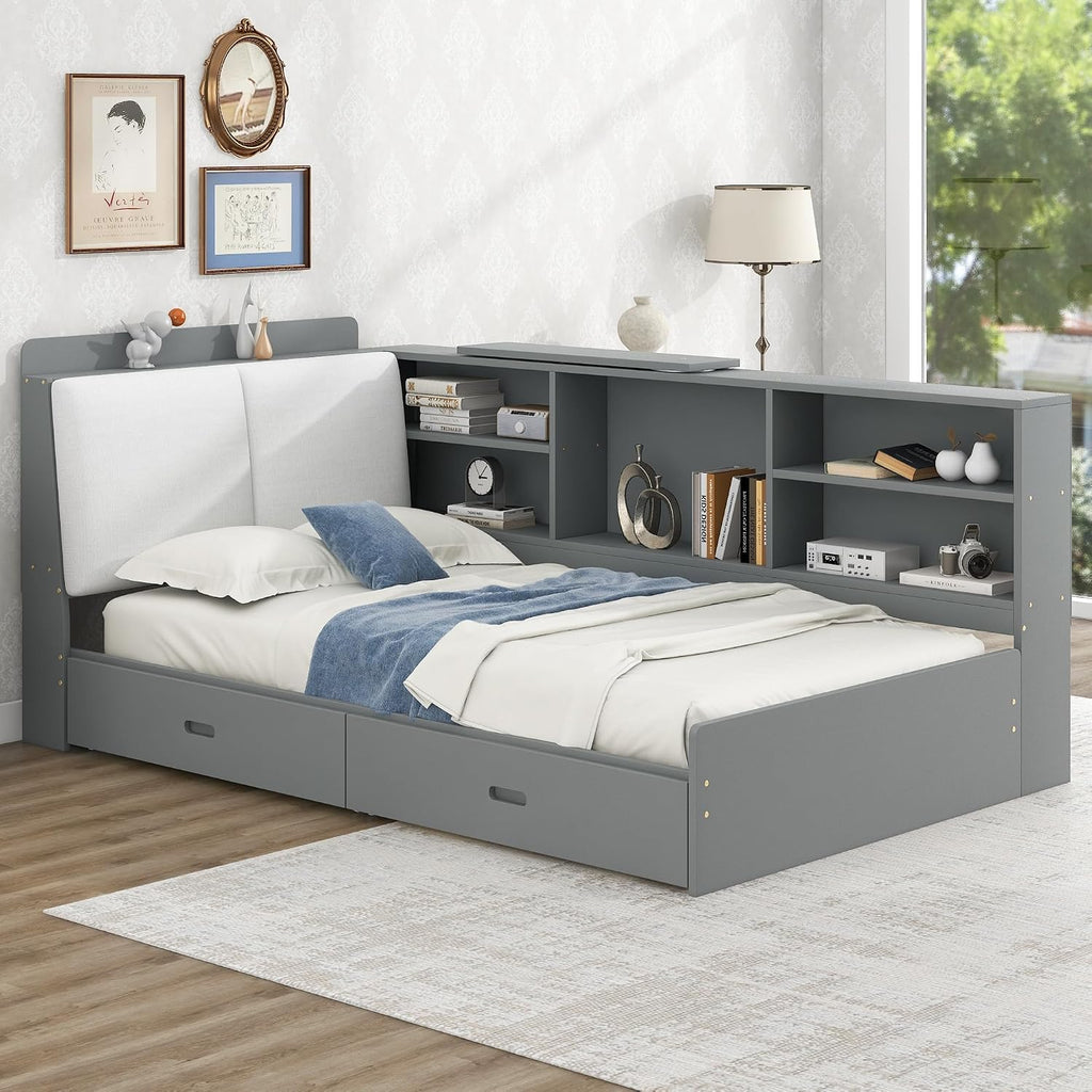 Twin Size Platform Bed with Storage Headboard and Shelves, Wooden Daybed Frame with Side Bookcase and 2 Drawers,Wood Slat Support, Rotatable Storage Board (Gray-83J)