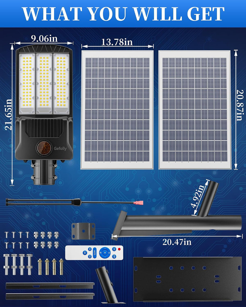 Gefolly SL-9800W Solar Street Lights Outdoor, 650000LM Commercial Parking Lot Light Dusk to Dawn IP67 Waterproof 6500K Security Flood Lights Lamp for Yard, Road, Basketball Courts