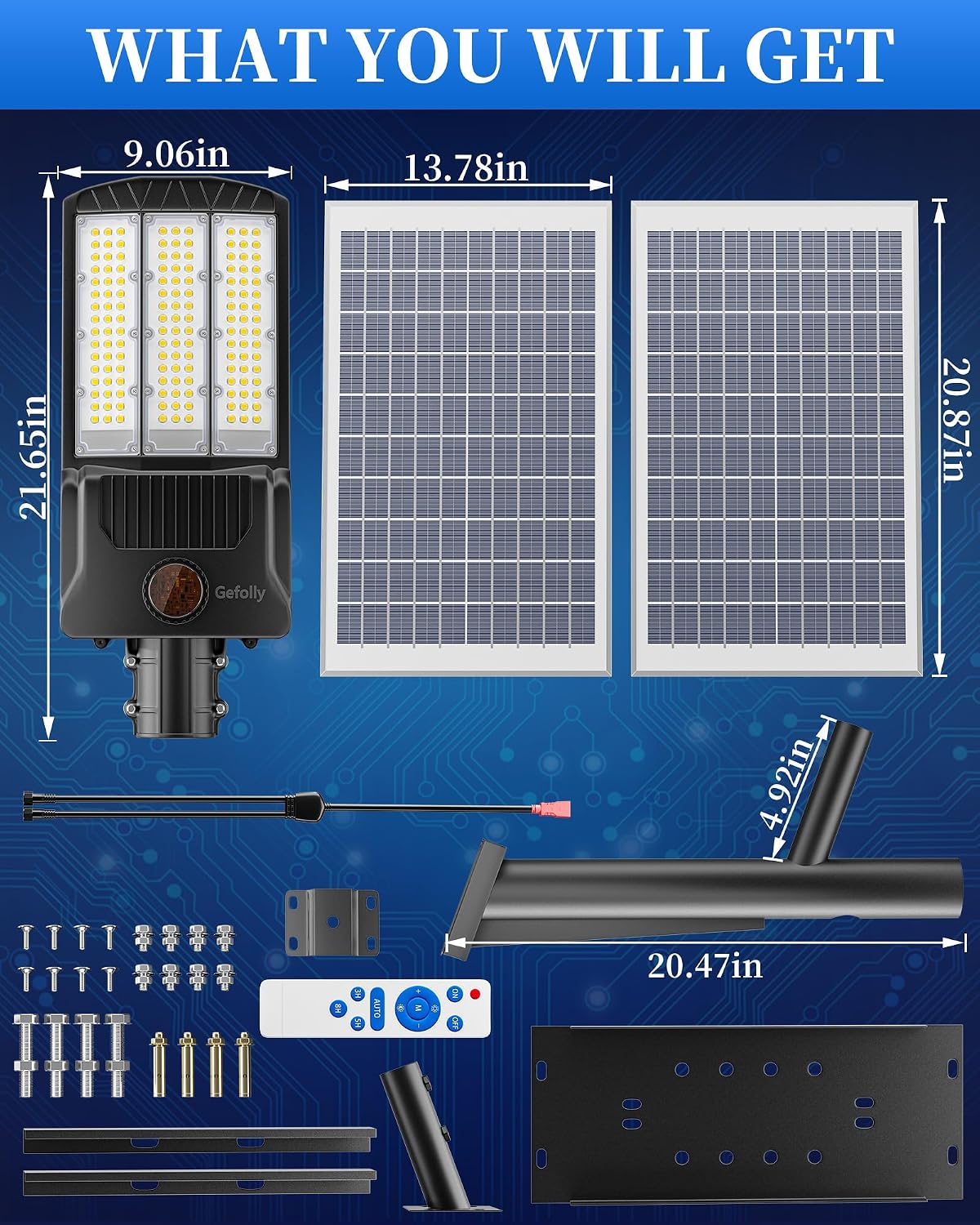 Gefolly SL-9800W Solar Street Lights Outdoor, 650000LM Commercial Parking Lot Light Dusk to Dawn IP67 Waterproof 6500K Security Flood Lights Lamp for Yard, Road, Basketball Courts