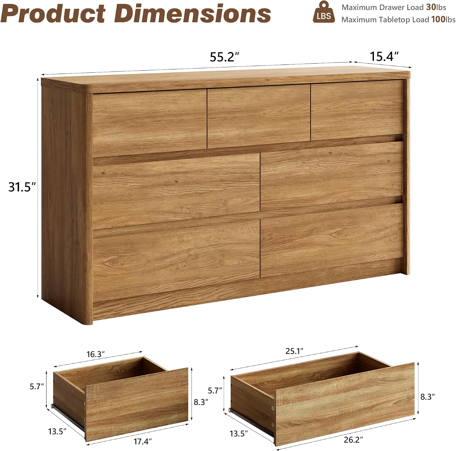 3 Pieces Bedroom Set, 55 Inch Width 7-Drawer Dresser & 2-Drawer Nightstands Set of 2,Nightstand with USB&Type C Charging Station&Outlets,Modern Design for Bedroom, Natural Oak