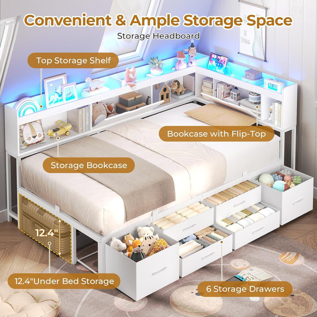 AOGLLATI Twin Corner Bed Frame with Bookcase and Hidden Storage & Metal Platform Twin Size Daybed with 6 Drawers,Charging Station, Led Lights- for Kids, Teens, White
