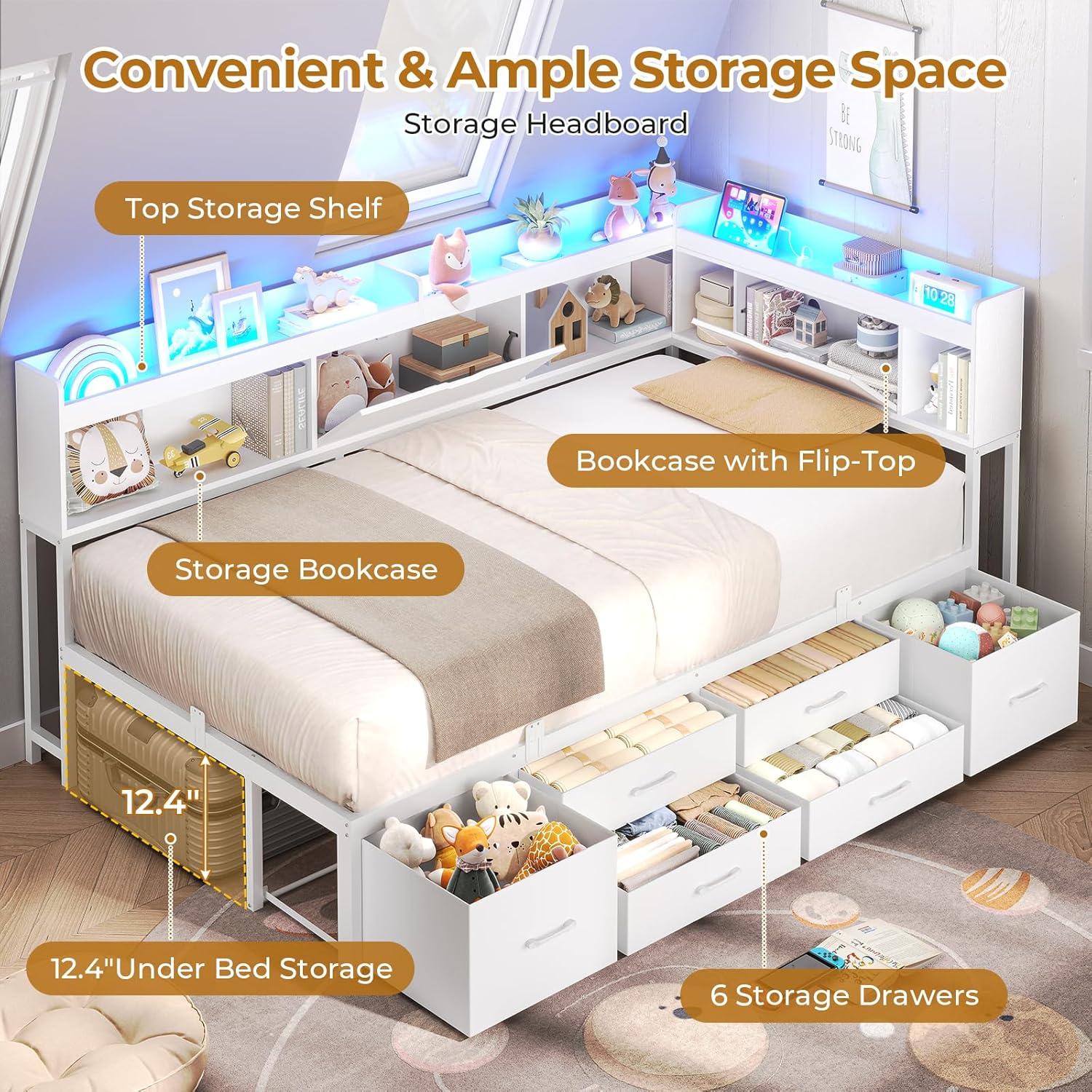 AOGLLATI Twin Corner Bed Frame with Bookcase and Hidden Storage & Metal Platform Twin Size Daybed with 6 Drawers,Charging Station, Led Lights- for Kids, Teens, White