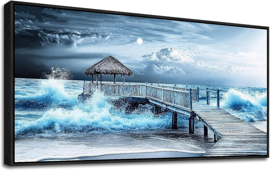 ERQINHUA Large Canvas Wall Decor For Living Room Wall Art For Bedroom Office Wall Decorations Black Frame Blue Wave Landscape Painting Artwork For Modern Stretched and Framed Beach Posters 24'X48'
