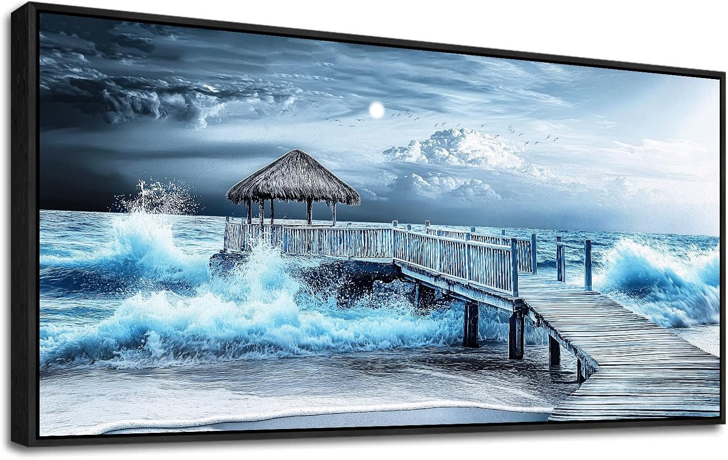 ERQINHUA Large Canvas Wall Decor For Living Room Wall Art For Bedroom Office Wall Decorations Black Frame Blue Wave Landscape Painting Artwork For Modern Stretched and Framed Beach Posters 24'X48'