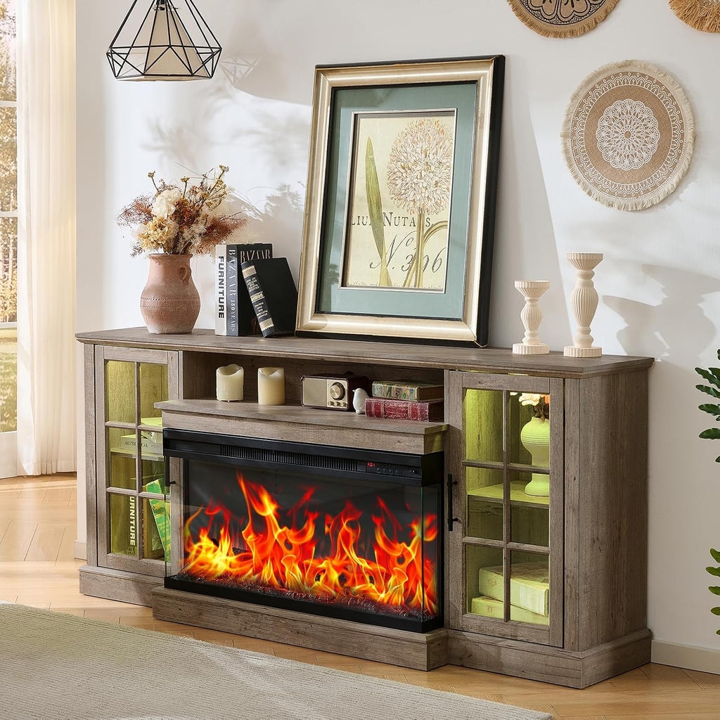 ROCKPOINT 3 Sided Glass 70' Fireplace TV Stand for TVs up to 80inch, Media Entertainment Center with Glass Door Storage Cabinet,36' Electric Fireplace with LED Light and Flame Colors,Grey