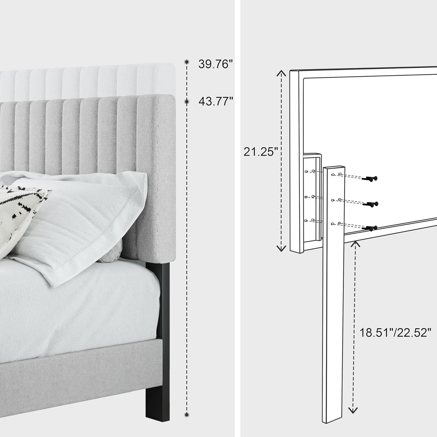 Twin Bed Frame, Fabric Upholstered Platform Bed Frame with Adjustable Headboard, Vertical Quilted Design, Sturdy Slatted Mattress Base, Easy to Assemble, Light Gray