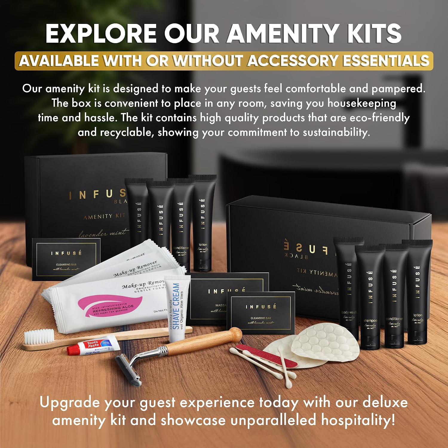 Infuse Black Amenity Kit | Boxed Hotel Toiletries | Bulk Set 1 oz Travel Size Shampoo, Conditioner, Lotion, Body Wash & Cleansing Bar for Guest Hospitality Hotel/Vacation Rentals | 300 Pieces