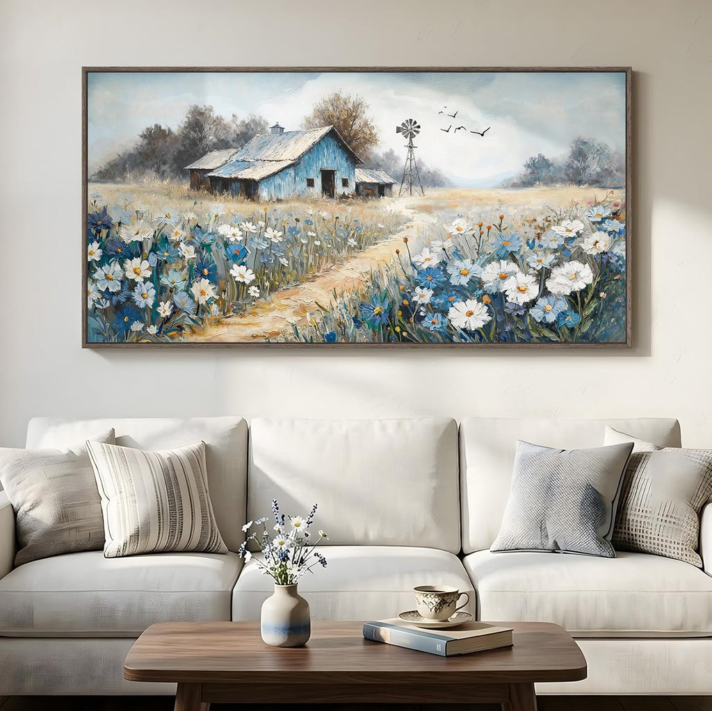 Large Framed Farmhouse Canvas Wall Art for Living Room, Vintage Rustic Barn Horizontal Canvas Prints, Country Blue Floral Wall Decor for Bedroom Dining Room Hallway 30x60 Inch