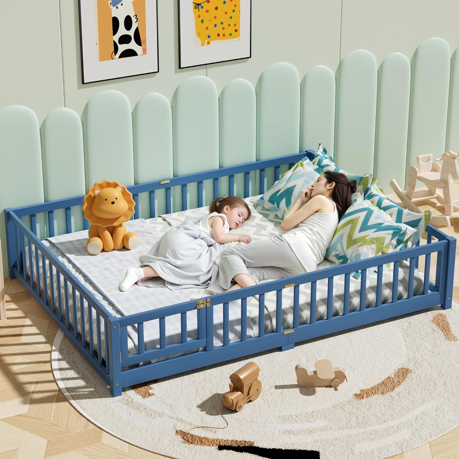i-POOK Queen Floor Bed Frame with Wood Slats, High Fence & Small Door, Pinewood Montessori Floor Bed for Girls and Boys, Mist Blue