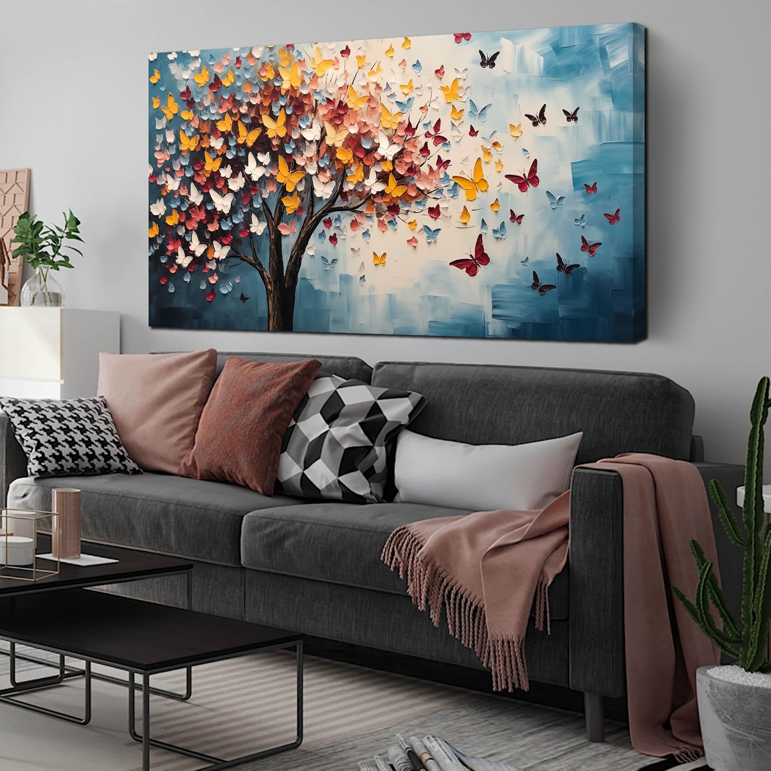 Butterfly Tree Canvas Wall Art for Living Room Bedroom Home Office Blue Colorful Tree of Life Wall Art Modern Large Framed Canvas Prints Size 29x59