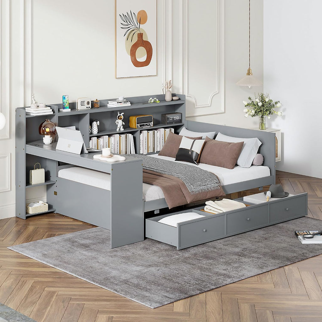 Full Size Daybed with Storage Shelves and Study Desk, Wooden Daybed Sofa Bed Frame with 3 Drawers and USB Ports for Office Living Room Bedroom, Maximize Space (Gray-22U)