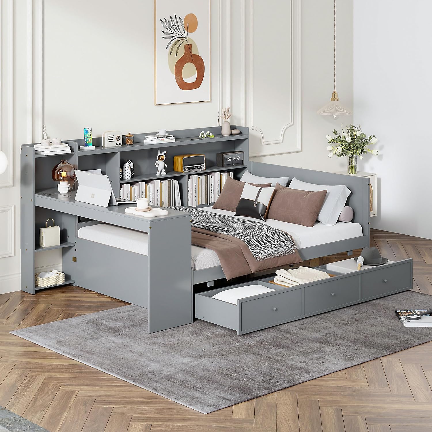 Full Size Daybed with Storage Shelves and Study Desk, Wooden Daybed Sofa Bed Frame with 3 Drawers and USB Ports for Office Living Room Bedroom, Maximize Space (Gray-22U)