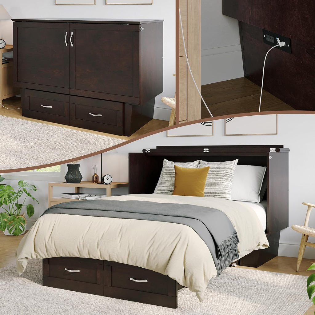 AFI, Monroe Full Murphy Bed Chest with 6' Mattress, Storage Drawer & Built-in USB Charger, Espresso
