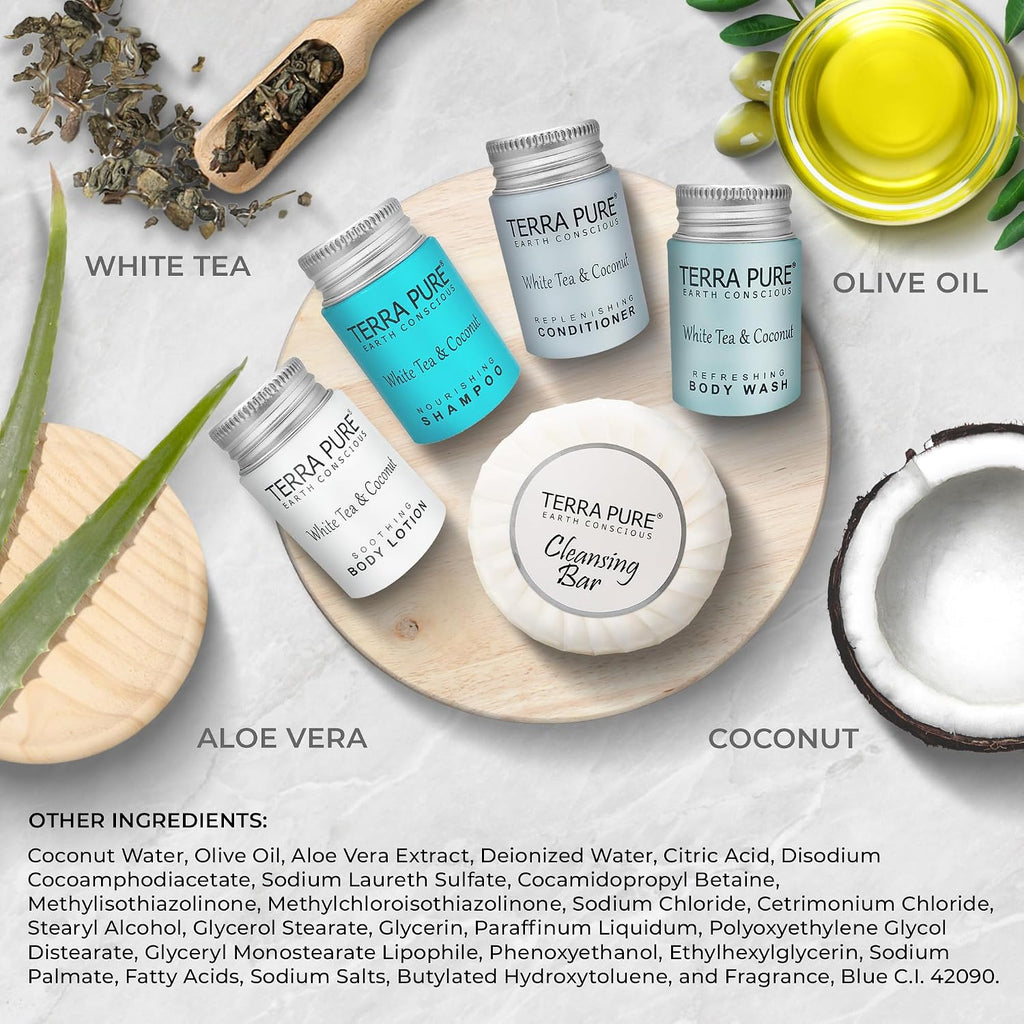 Terra Pure White Tea & Coconut Toiletries Set | 1-Shoppe Amenities Kit | 1oz Shampoo & Conditioner, Body Wash, Lotion, 1.25oz Bar Soap | Travel Size | 150 Pieces