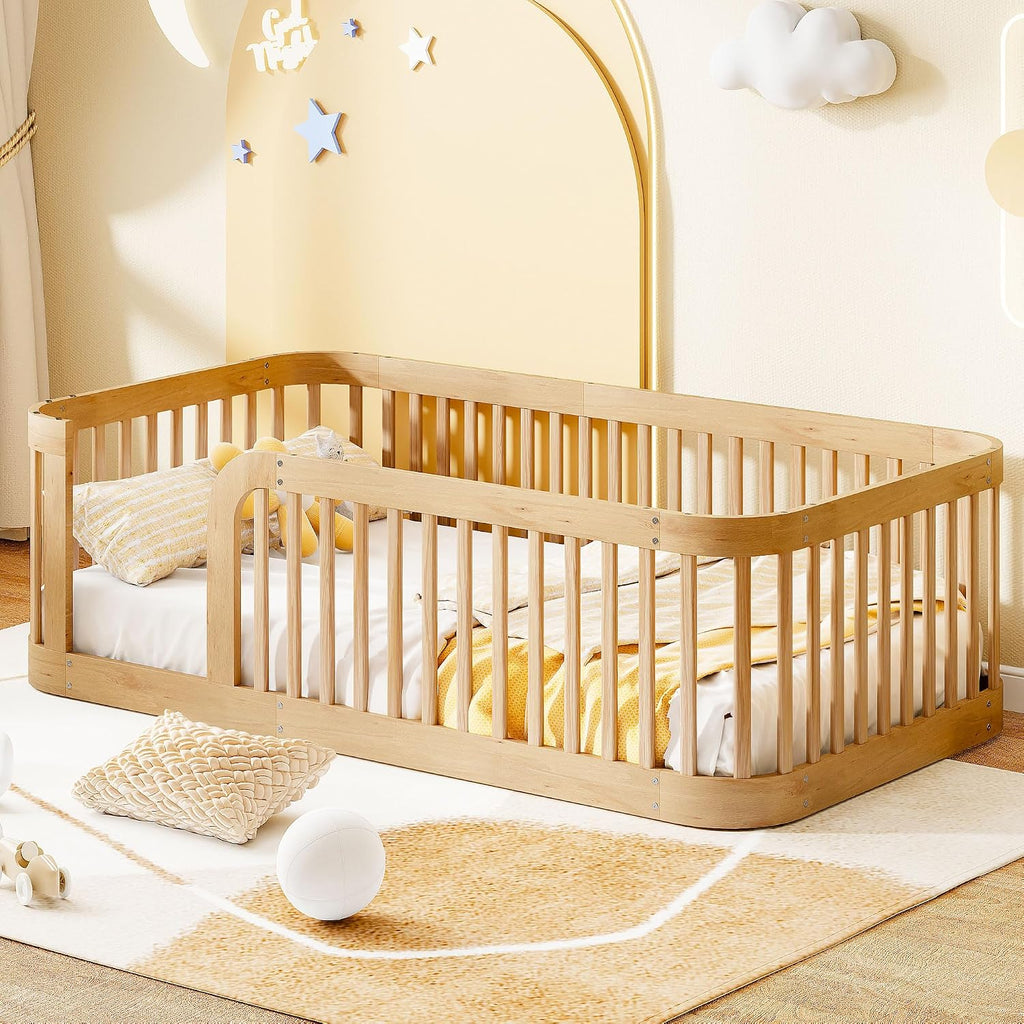 JIVOIT Twin Size Floor Bed Frame with Fence, Wood Montessori Floor Bed with Safety Guardrail, Easy Assembly (Natural/124)