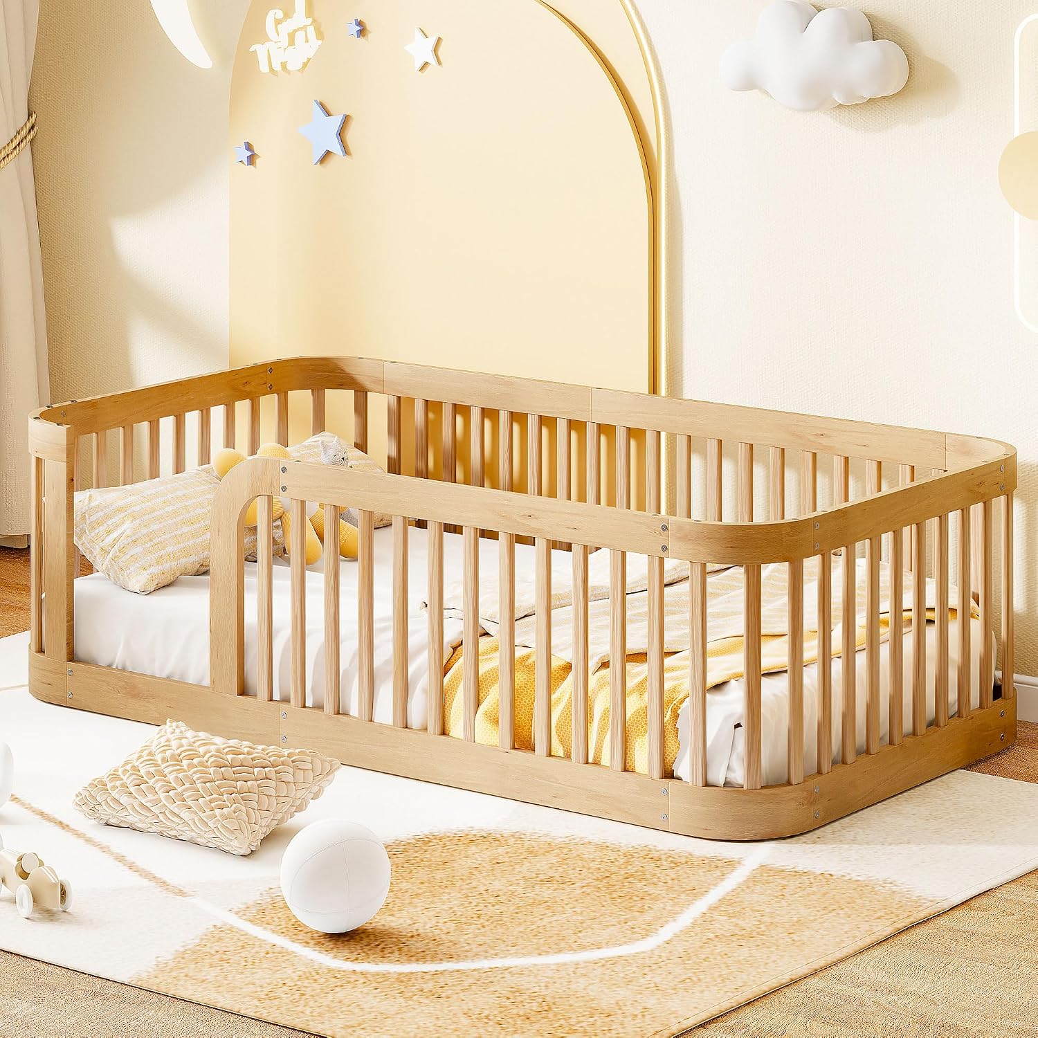 JIVOIT Twin Size Floor Bed Frame with Fence, Wood Montessori Floor Bed with Safety Guardrail, Easy Assembly (Natural/124)