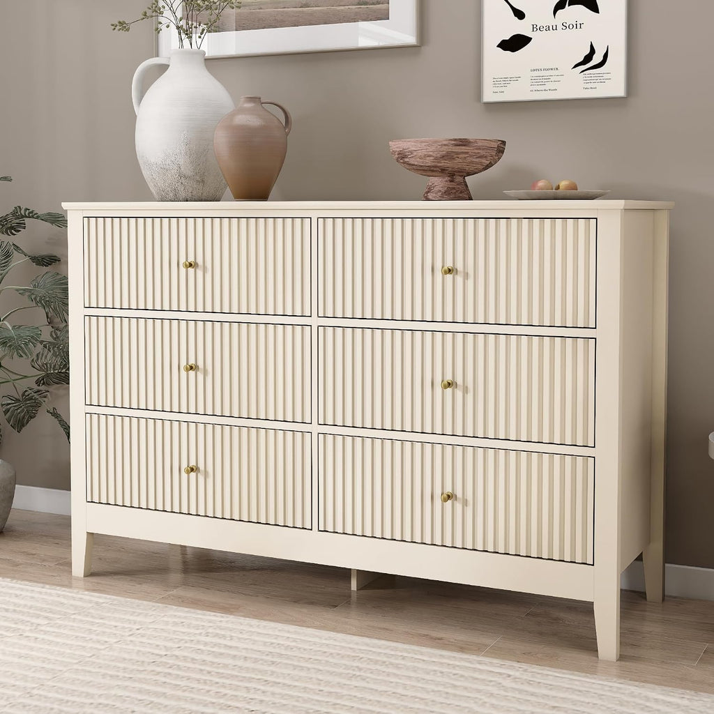 Beige Dresser for Bedroom, 6 Drawers Fluted Chest of Drawers with Storage, Modern 47'' Wide Dresser with Paint Design, Wood Drawer Organizer Dressers for Entryway, Hallway