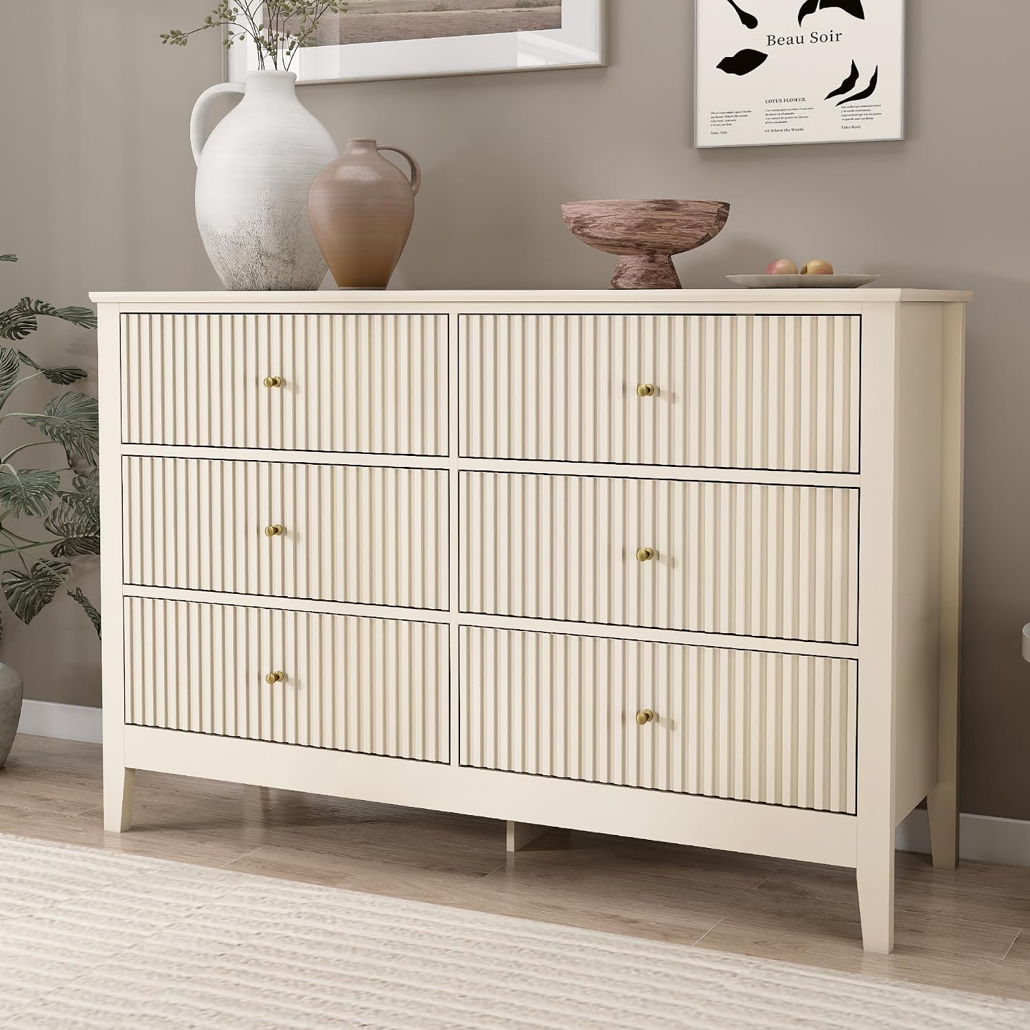 Beige Dresser for Bedroom, 6 Drawers Fluted Chest of Drawers with Storage, Modern 47'' Wide Dresser with Paint Design, Wood Drawer Organizer Dressers for Entryway, Hallway
