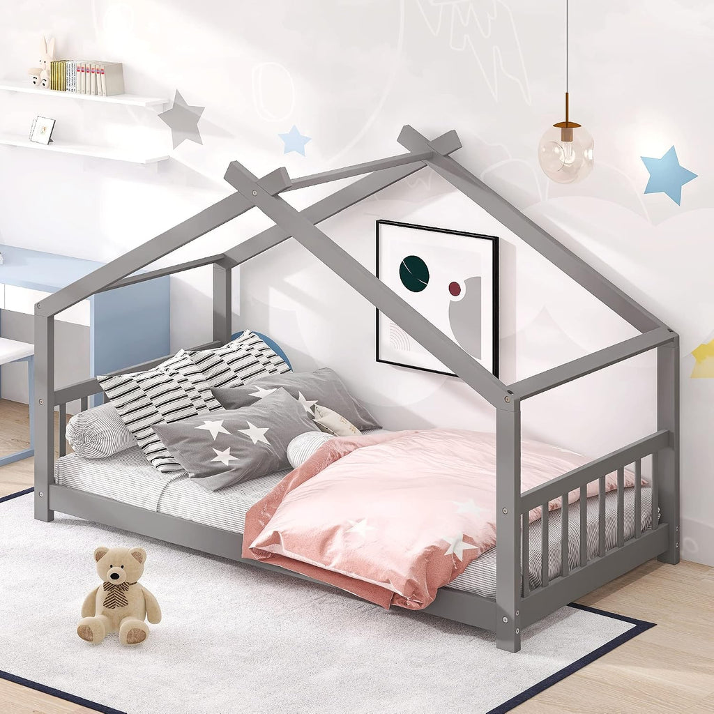 JIVOIT Twin Size Wood House Bed, Solid Wood Tent Bed Canopy Bed Frame with Roof Design, Twin Floor Bed with Wood Slats Support, No Box Spring Needed (Gray-Twin-Pinewood)