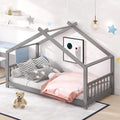 JIVOIT Twin Size Wood House Bed, Solid Wood Tent Bed Canopy Bed Frame with Roof Design, Twin Floor Bed with Wood Slats Support, No Box Spring Needed (Gray-Twin-Pinewood)