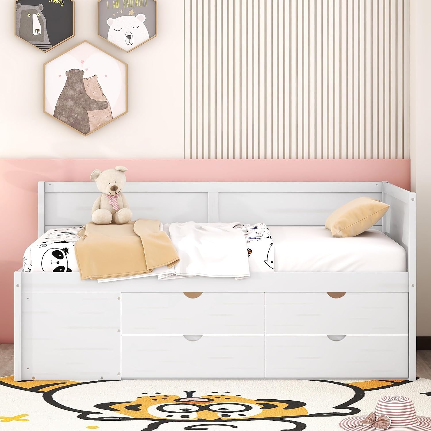 Twin Size Daybed with 4 Pull-Out Drawers and 3 Functioning Shelves,Solid Wood Day Bed Frame with Wooden Slats Support for Bedroom,No Box Spring Required (White-AB40)