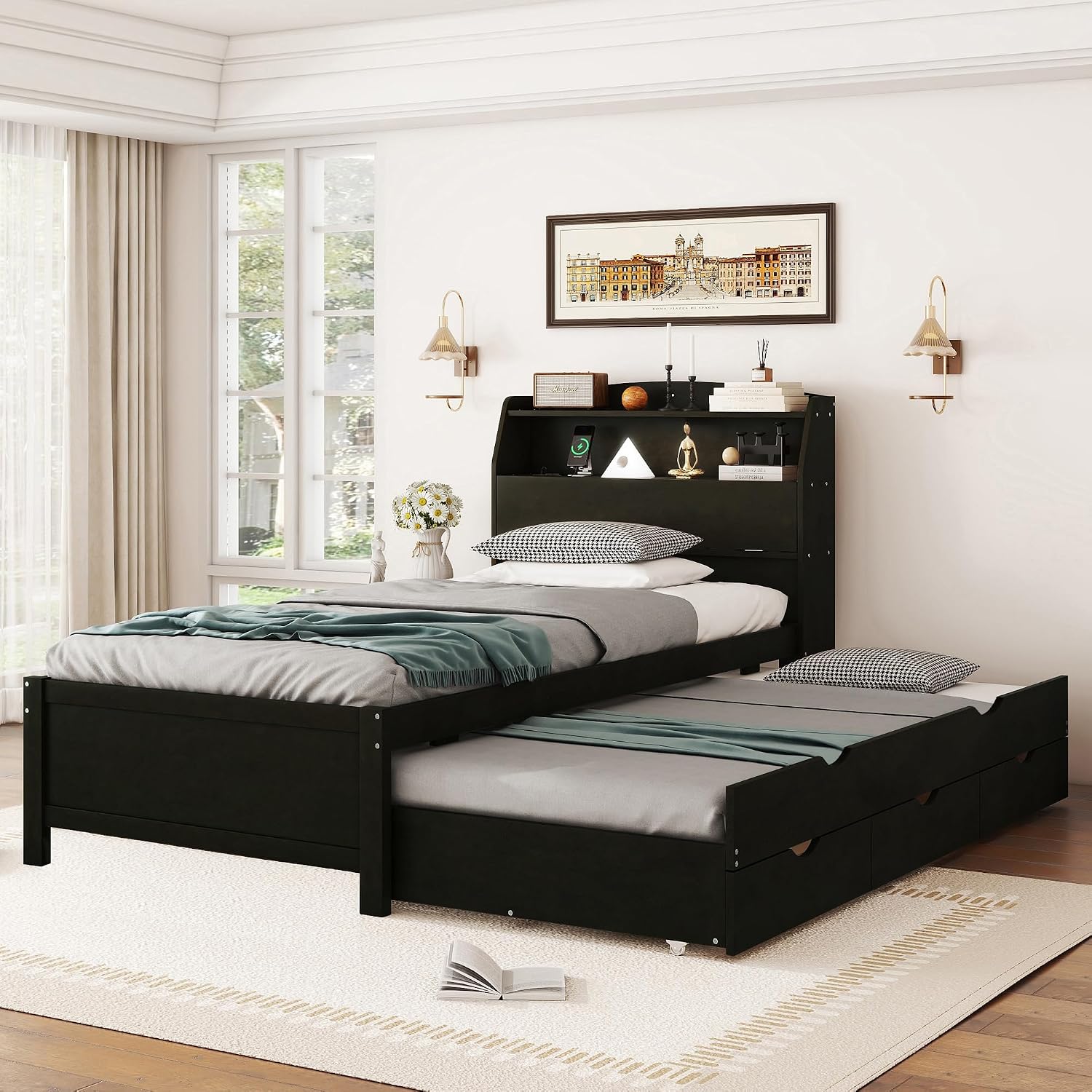 Merax Twin Size Bed Frame with Flip-Up Storage Headboard, Black Twin Bed with 3 Drawers and Trundle, Wooden Bed Frame Twin a Set of Sockets & USB Ports, No Box Spring Needed