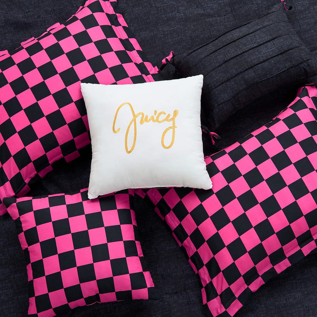 Juicy Couture Reversible Checkerboard Comforter Set 6-Piece Full/Queen Set, Black/Hot Pink