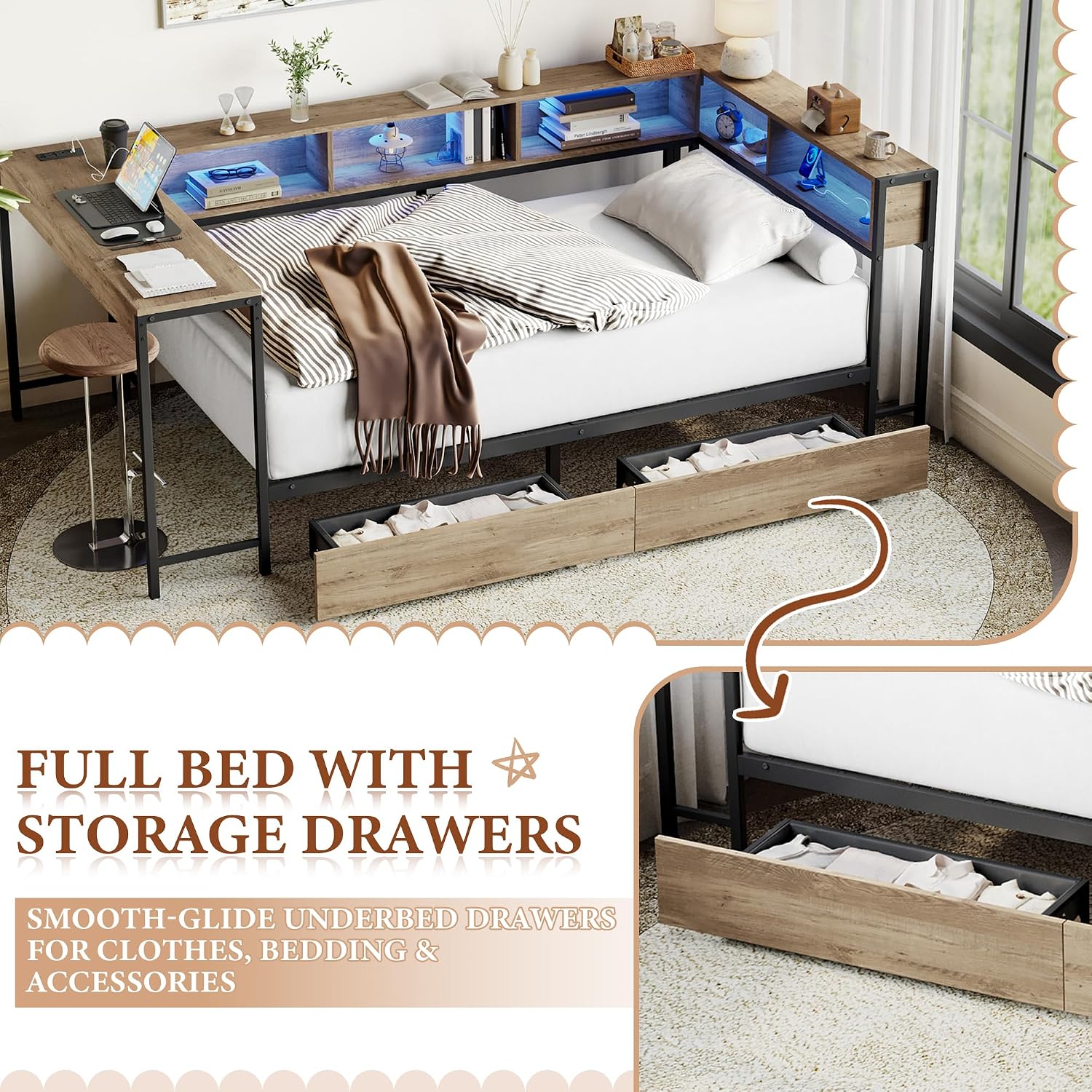 TTK Twin Size Corner Bed Frame with LED Lights, Bookcase Headboard, 2 Storage Drawers, Charging Station & Hutch Desk – Modern Metal Daybed for Bedroom, Guest Room or Living Room, Brown (Twin)