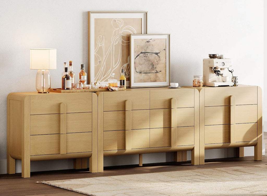 WAMPAT 3 Piece Bedroom Dresser Set, 110.2' Wide Mid Century Modern Chest of Drawers with Curved Handles, Dresser TV Stand with 12 Drawers, Wood Drawer Organizer for Bedroom, Oak