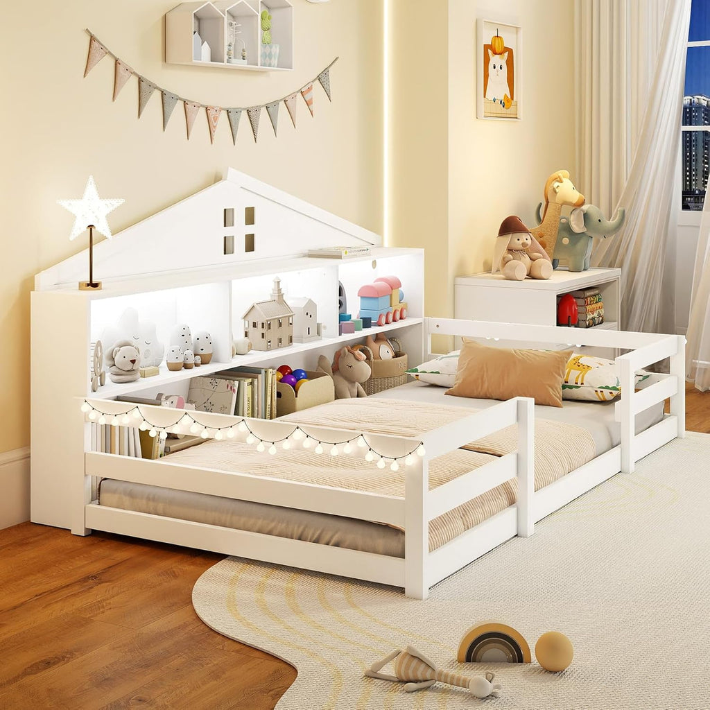 Giantex Twin Size Montessori Floor Bed with LED Lights, 2-in-1 Wooden House Bed Frame with Safety Guardrails, Storage Compartments & Shelf, No Box Spring Needed, Without Slats, White