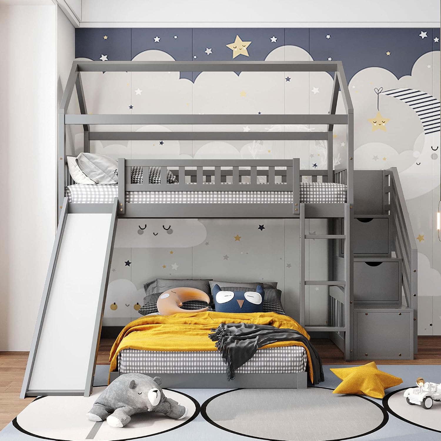 Twin Over Twin Bunk Beds with Slide and Storage Steps, Bunk Bed for Kids Toddlers, Playhouse Farmhouse Roof Guardrail Ladder 2 Drawers, for Girls/Boys, No Spring Box Required (Gray+Storage Steps)