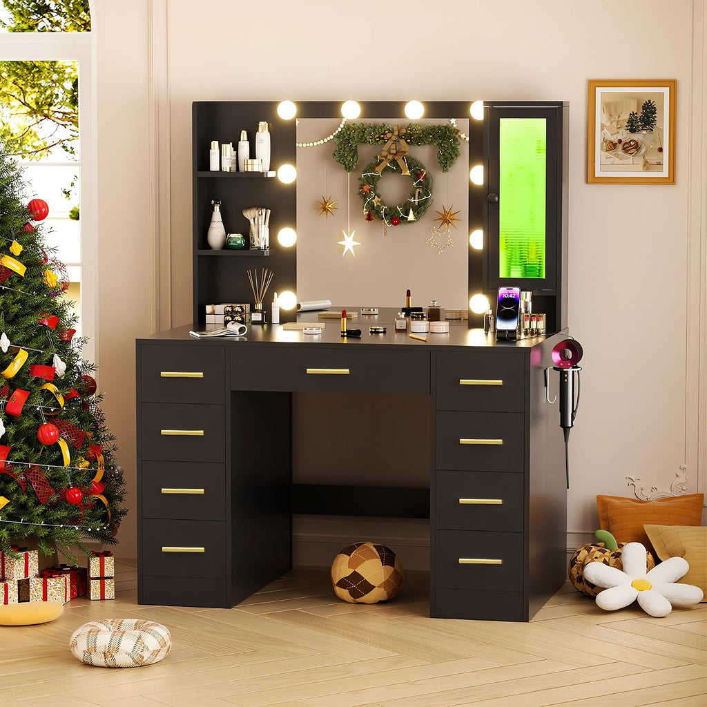 ERLEJIA Vanity Desk with Mirror and Lights, 43' Large Makeup Dressing Table with 9 Drawers, 3 Open Shelves, RGB LED Lighting & Power Outlet, Black