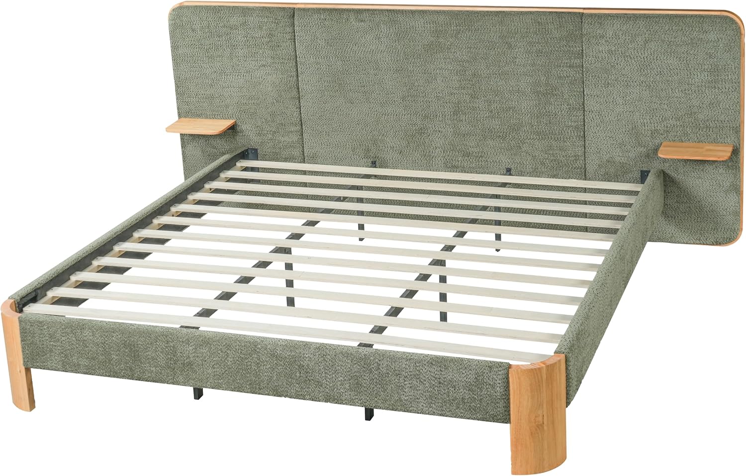 Merax King Size Boucle Upholstered Platform Bed with Wide Curved Headboard and Floating Shelves for Adults, Heavy Duty Steel Center Beam for Support, No Box Spring Needed, Antique Green